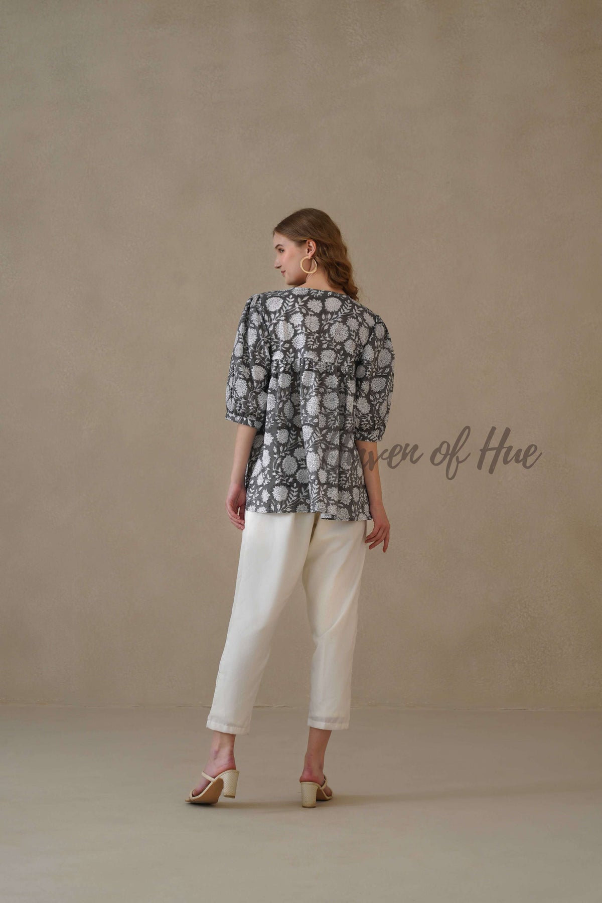 Women’s Gray Floral Hand Block Printed Cotton Relaxed Boho Blouse