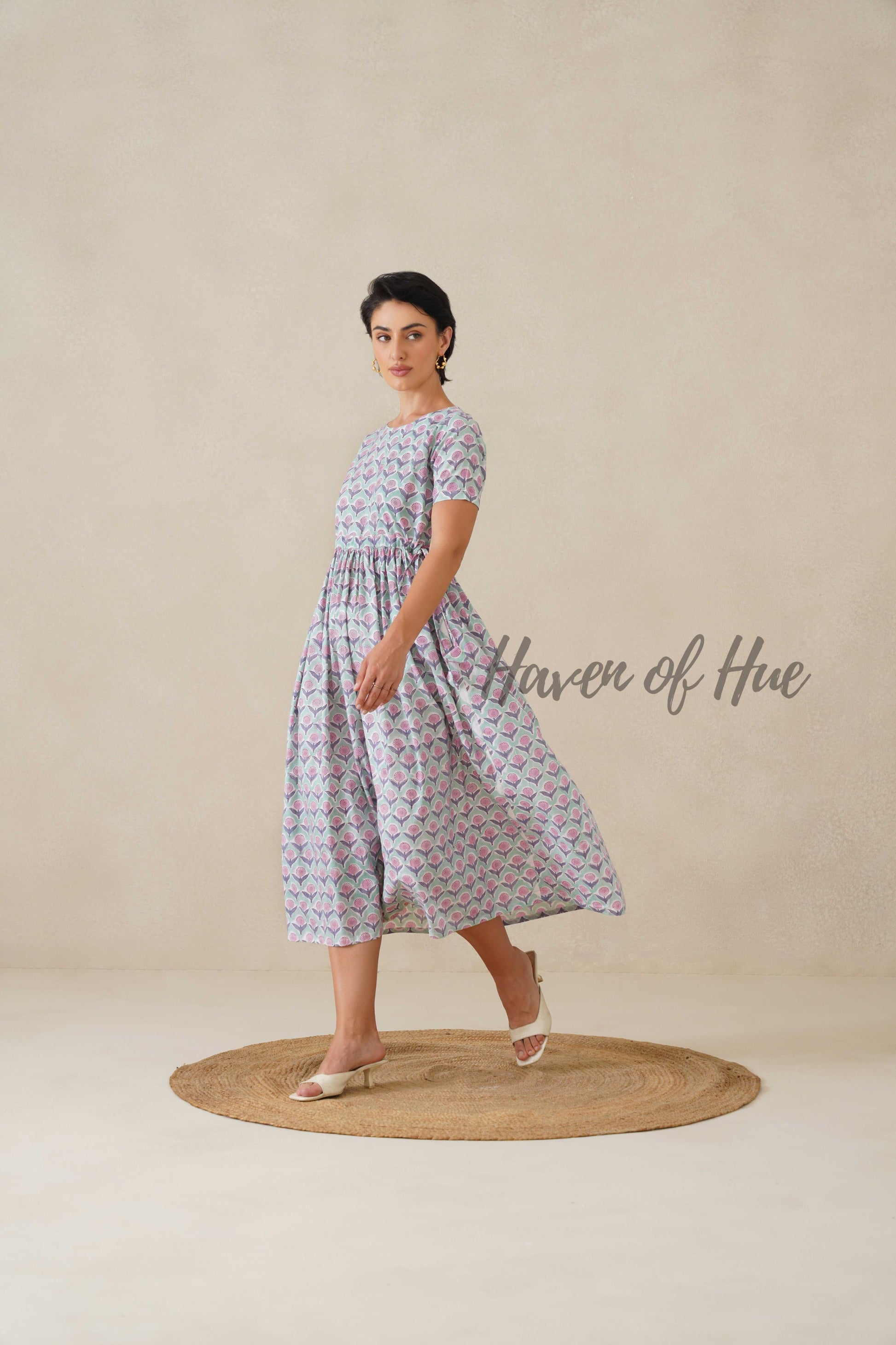 Green Base Floral Cotton Midi Dress - Boho Short Sleeve Cottagecore Dress