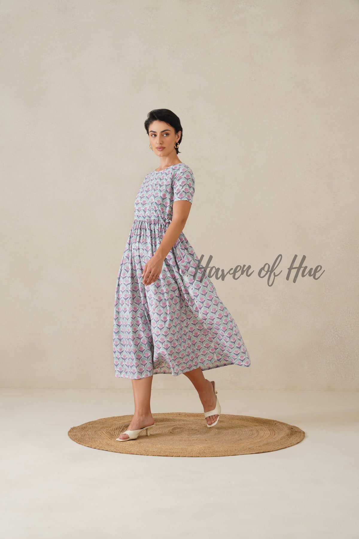 Green Base Floral Cotton Midi Dress - Boho Short Sleeve Cottagecore Dress