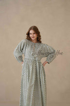 Green Full Sleeve Cotton Dress with Geometric Print