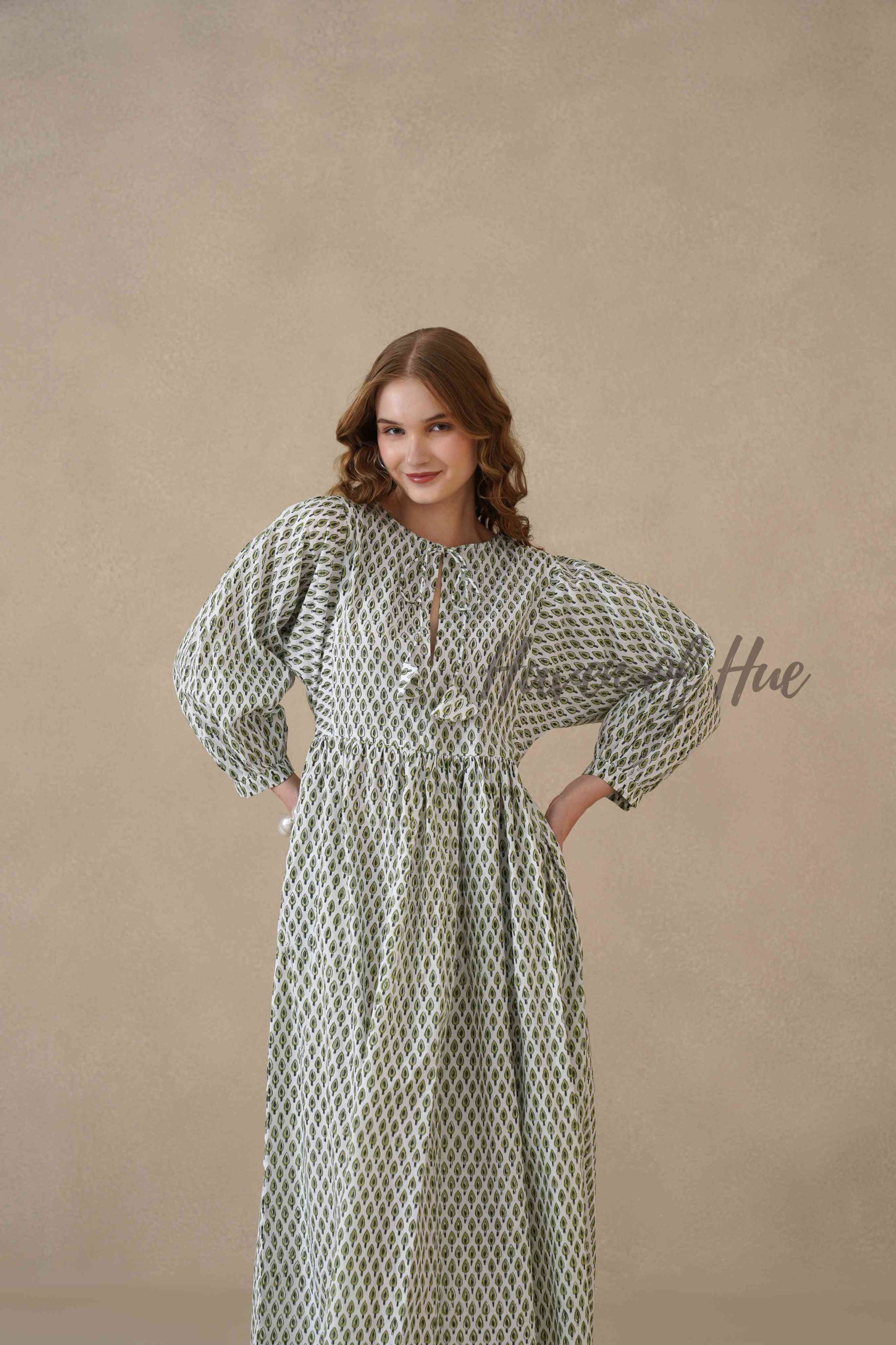 Green Full Sleeve Cotton Dress with Geometric Print