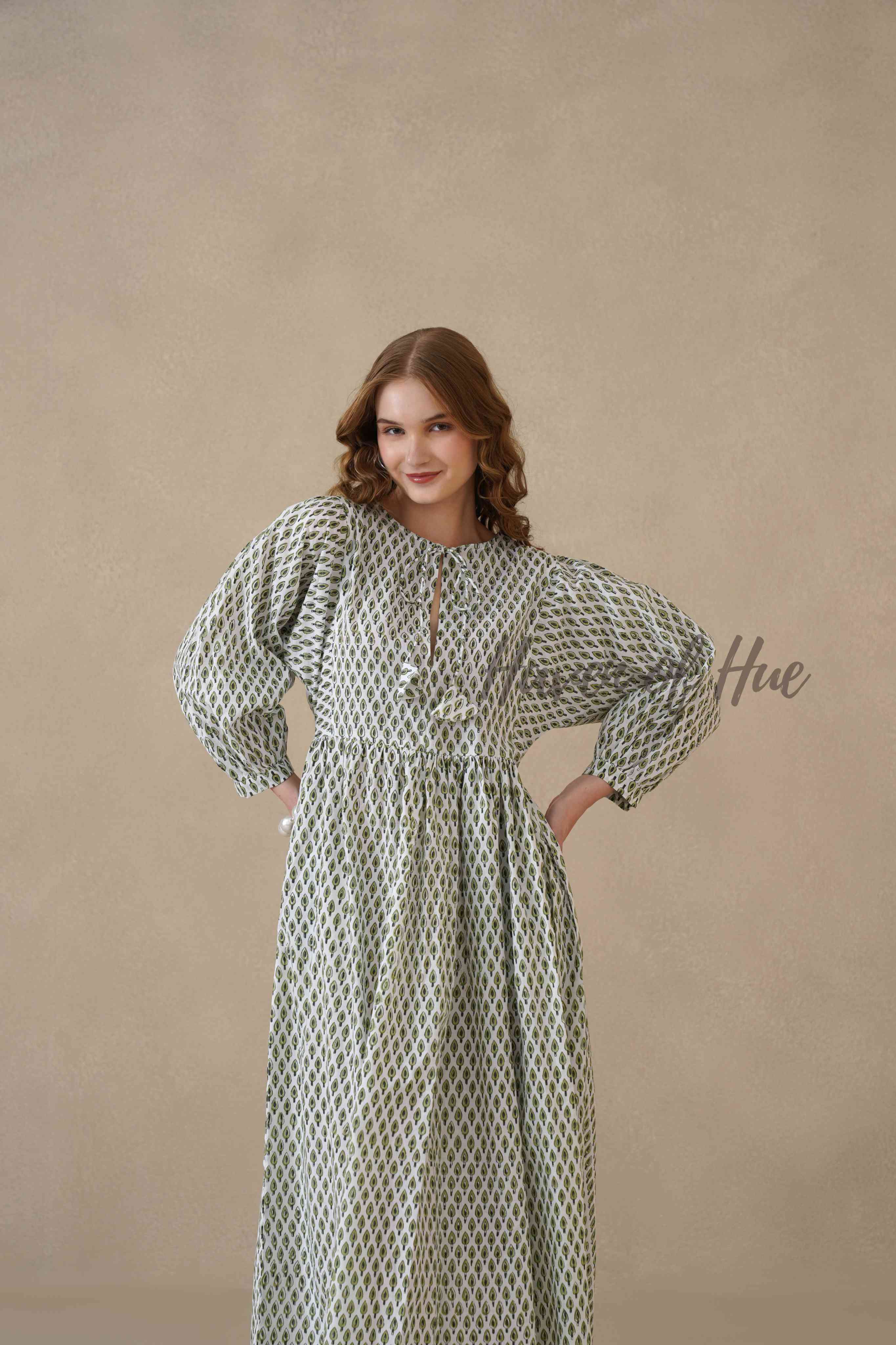Green Full Sleeve Cotton Dress with Geometric Print