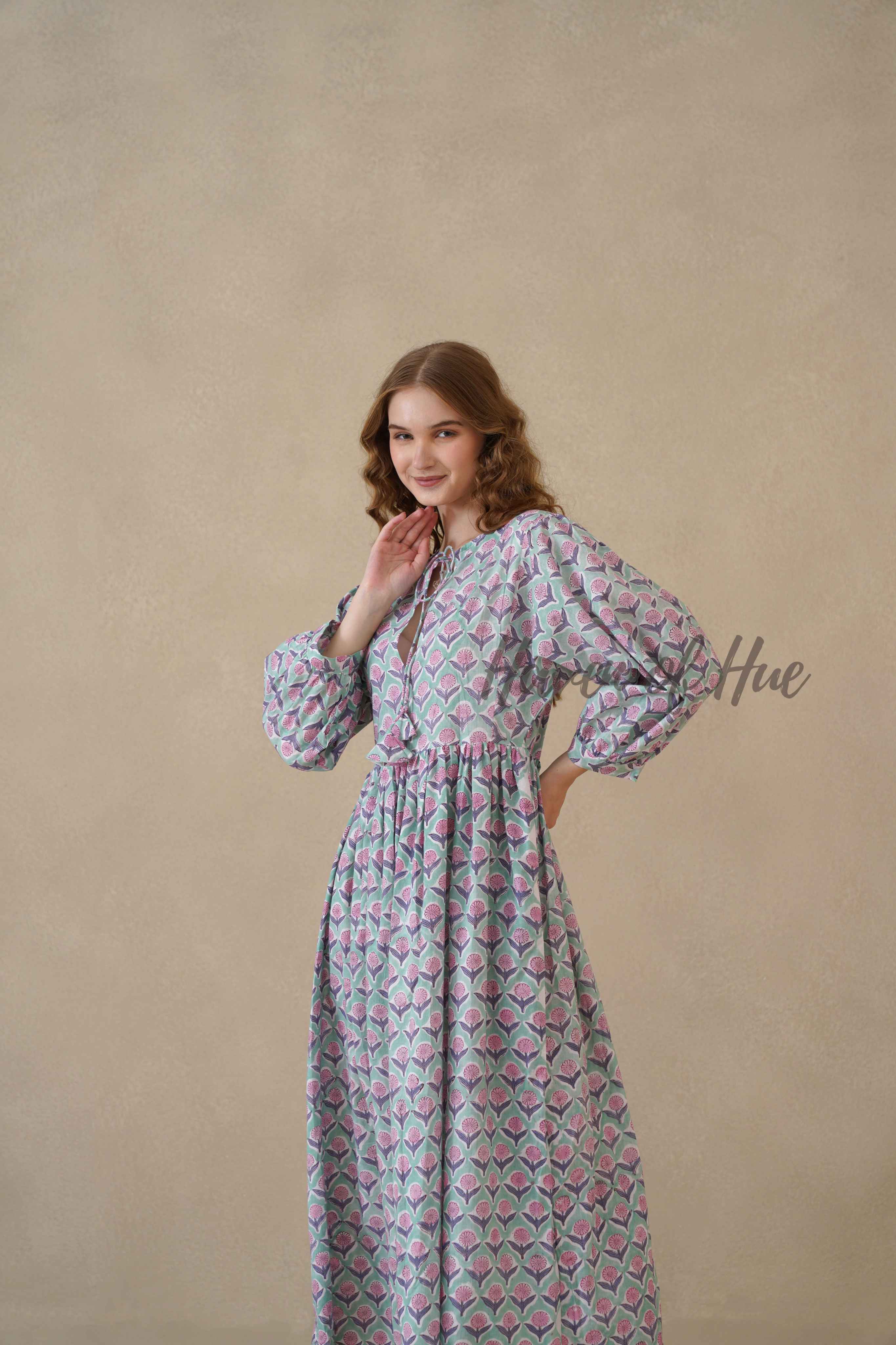 Green Full Sleeve Cotton Dress with Floral Print