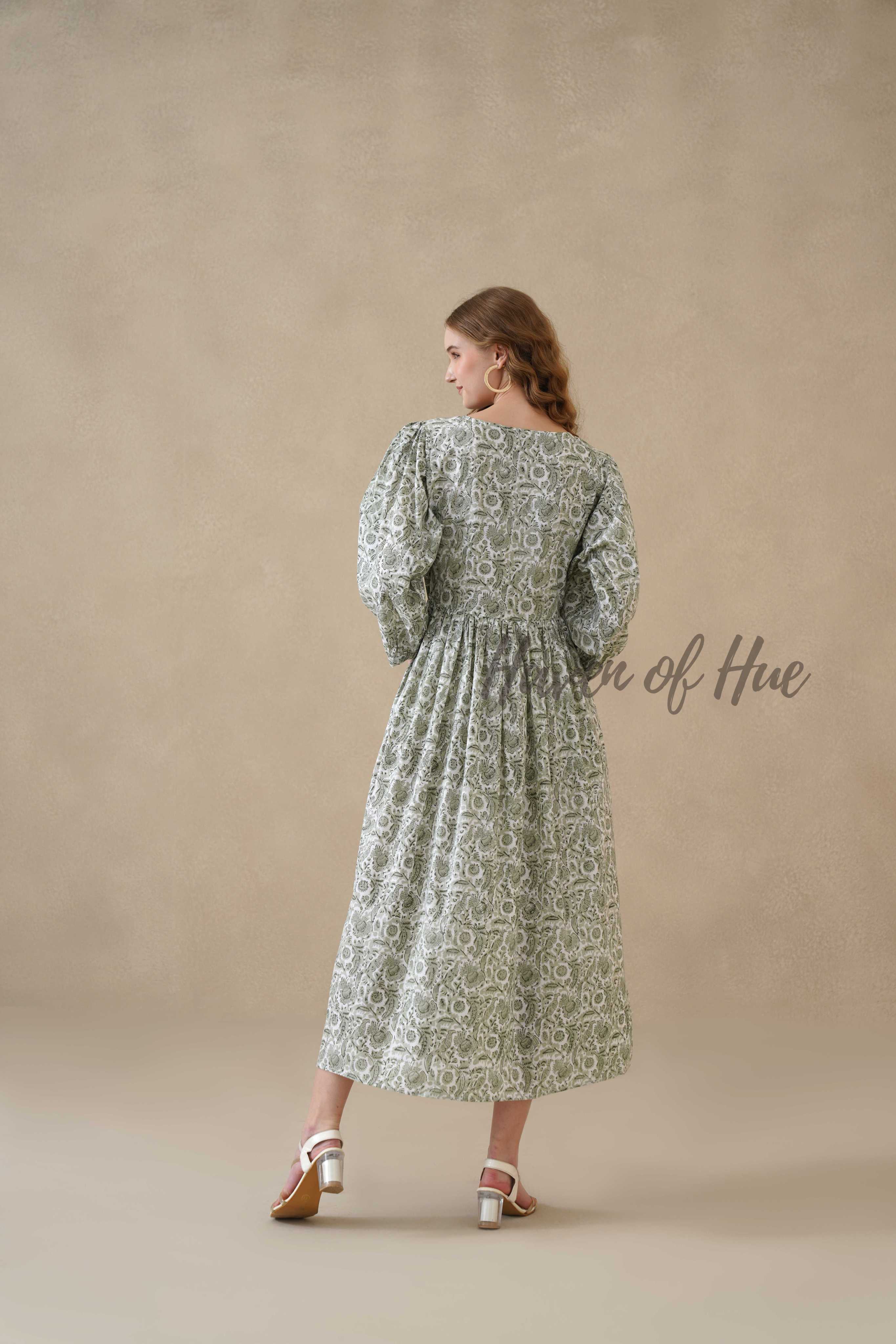 Green Cotton Tiered Dress – Boho Floral Short Sleeve Midi