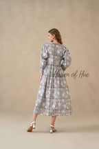 Grey Cotton Tiered Dress – Boho Floral Short Sleeve Midi