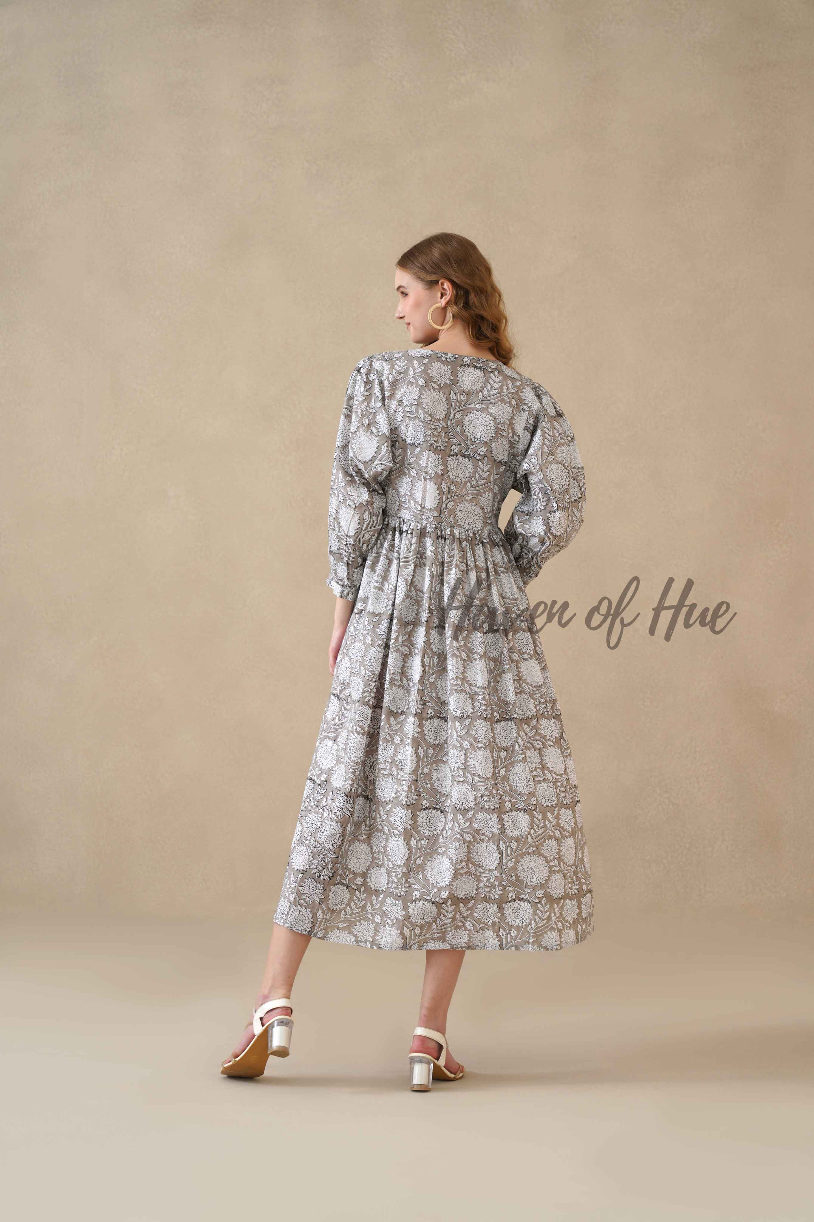 Grey Cotton Tiered Dress – Boho Floral Short Sleeve Midi