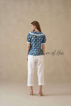 Women's Indigo Hand Block Printed Cotton Top with Lace Peter Pan Collar