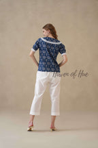 Women’s Indigo Blue Tree Print Cotton Top with Lace Peter Pan Collar
