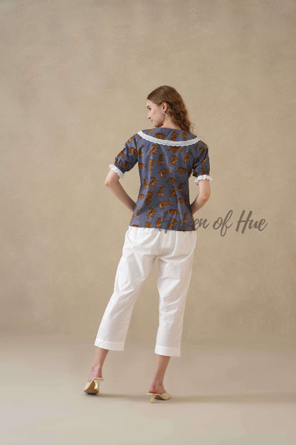 Women's Leopard Block Printed Cotton Blouse with Lace Peter Pan Collar