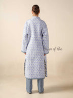 Women’s Blue Floral Cotton Quilted Long Jacket Lightweight Boho Embroidered Outerwear