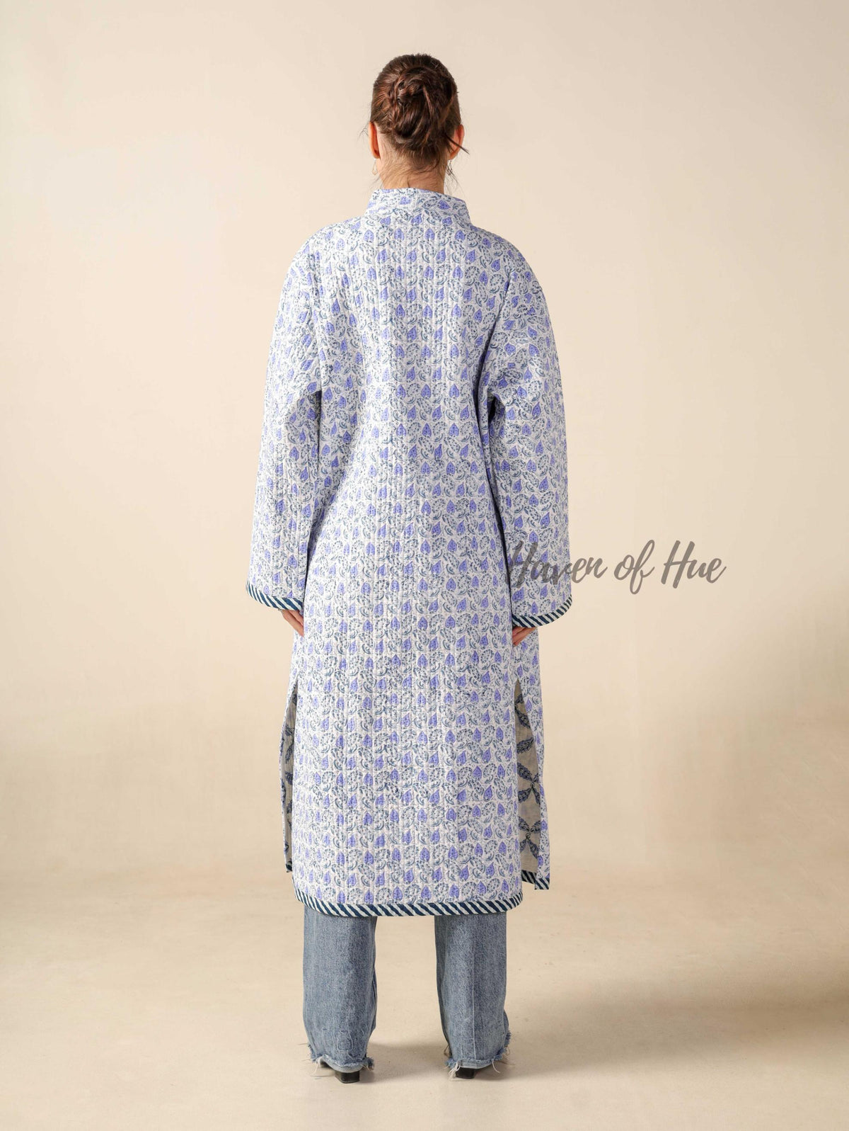 Women’s Blue Floral Cotton Quilted Long Jacket Lightweight Boho Embroidered Outerwear