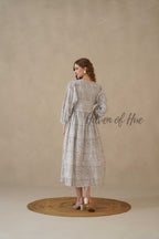 Grey Block Print Cotton Dress with Full Sleeves