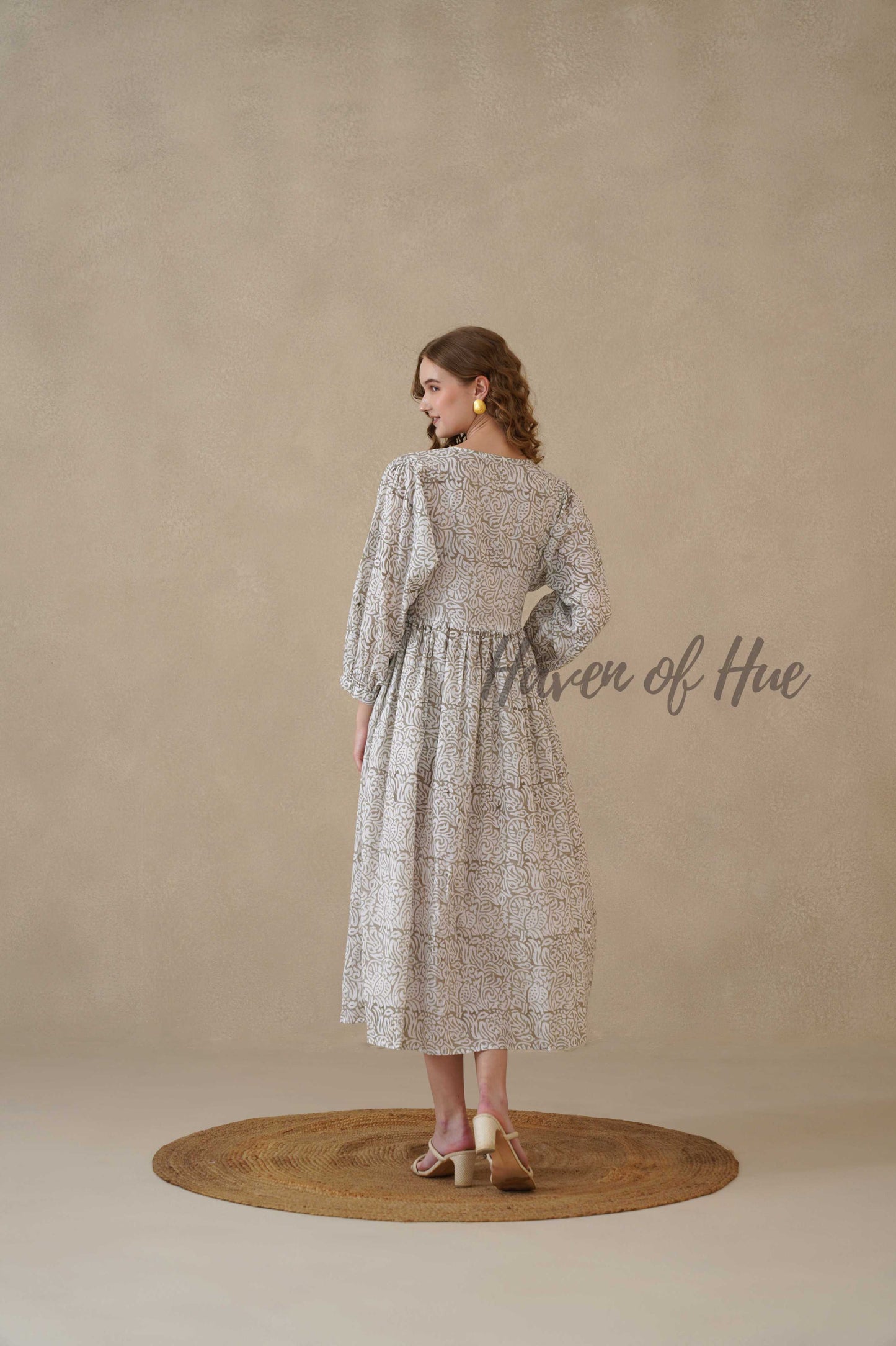 Grey Block Print Cotton Dress with Full Sleeves
