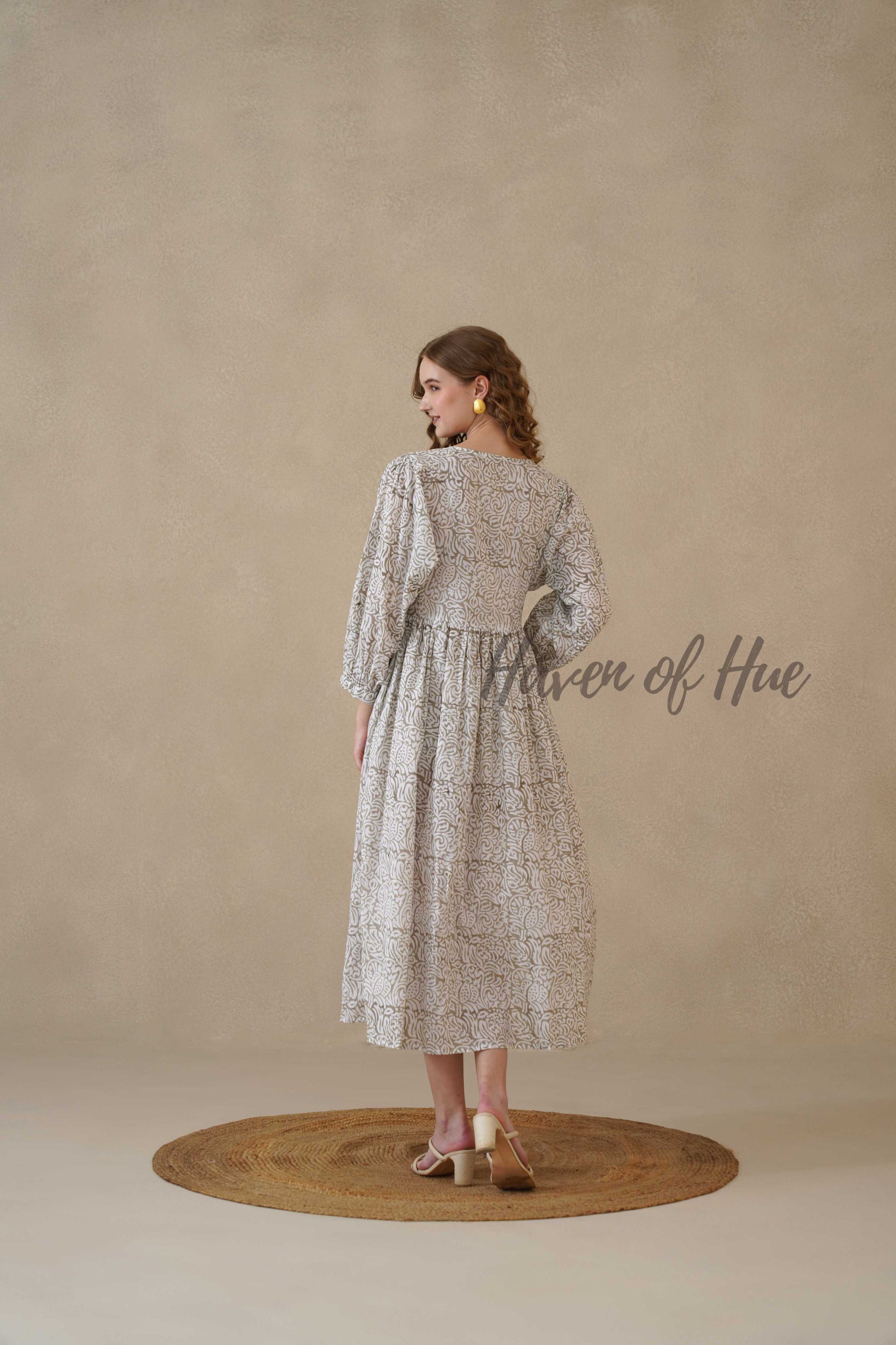 Grey Block Print Cotton Dress with Full Sleeves