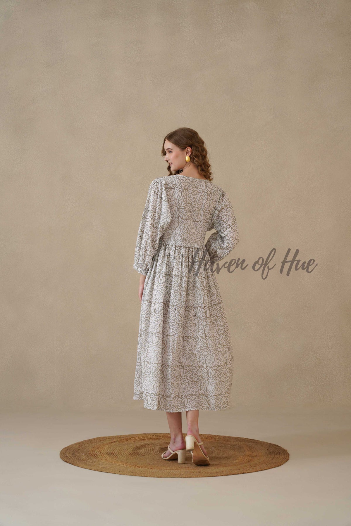 Grey Block Print Cotton Dress with Full Sleeves