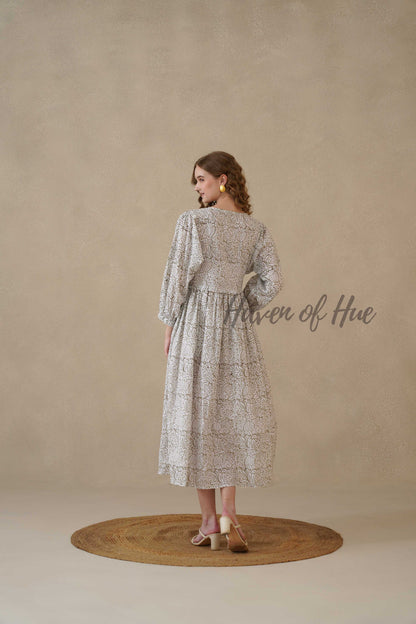Grey Block Print Cotton Dress with Full Sleeves