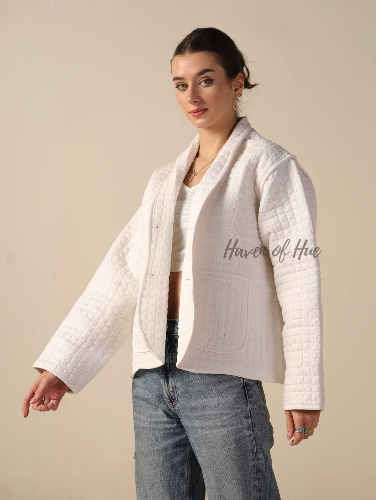Women's Lightweight White Cotton Embroidered Casual Open Front Jacket