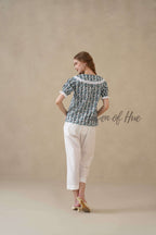 Women’s Multicolor Floral Cotton Top with Lace Peter Pan Collar