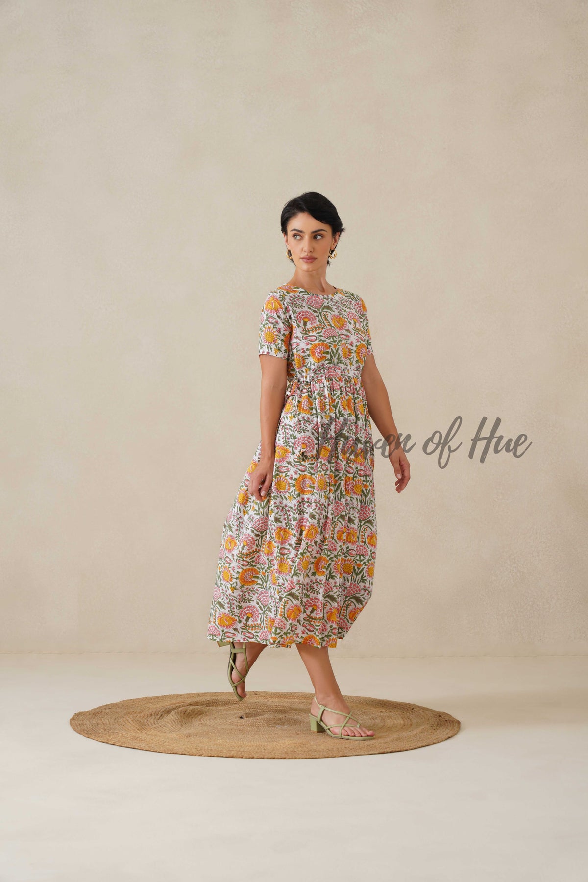 Multi Color Floral Cotton Midi Dress - Boho Short Sleeve Cottagecore Dress
