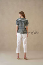 Women’s Indigo Blue Floral Cotton Summer Top with Lace Collar Detail