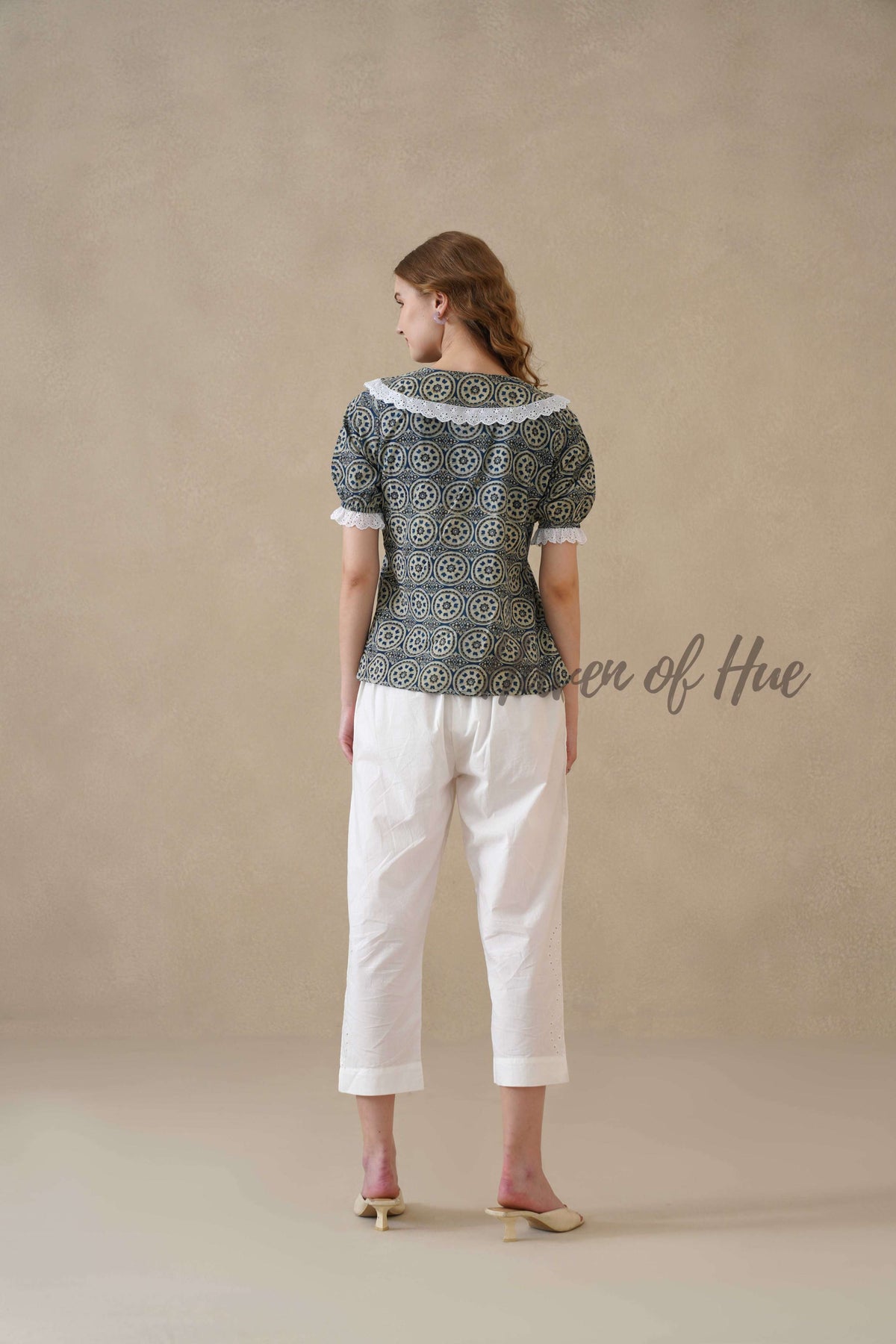 Women’s Indigo Blue Floral Cotton Summer Top with Lace Collar Detail