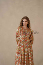 Orange Full Sleeve Cotton Dress with Floral Print