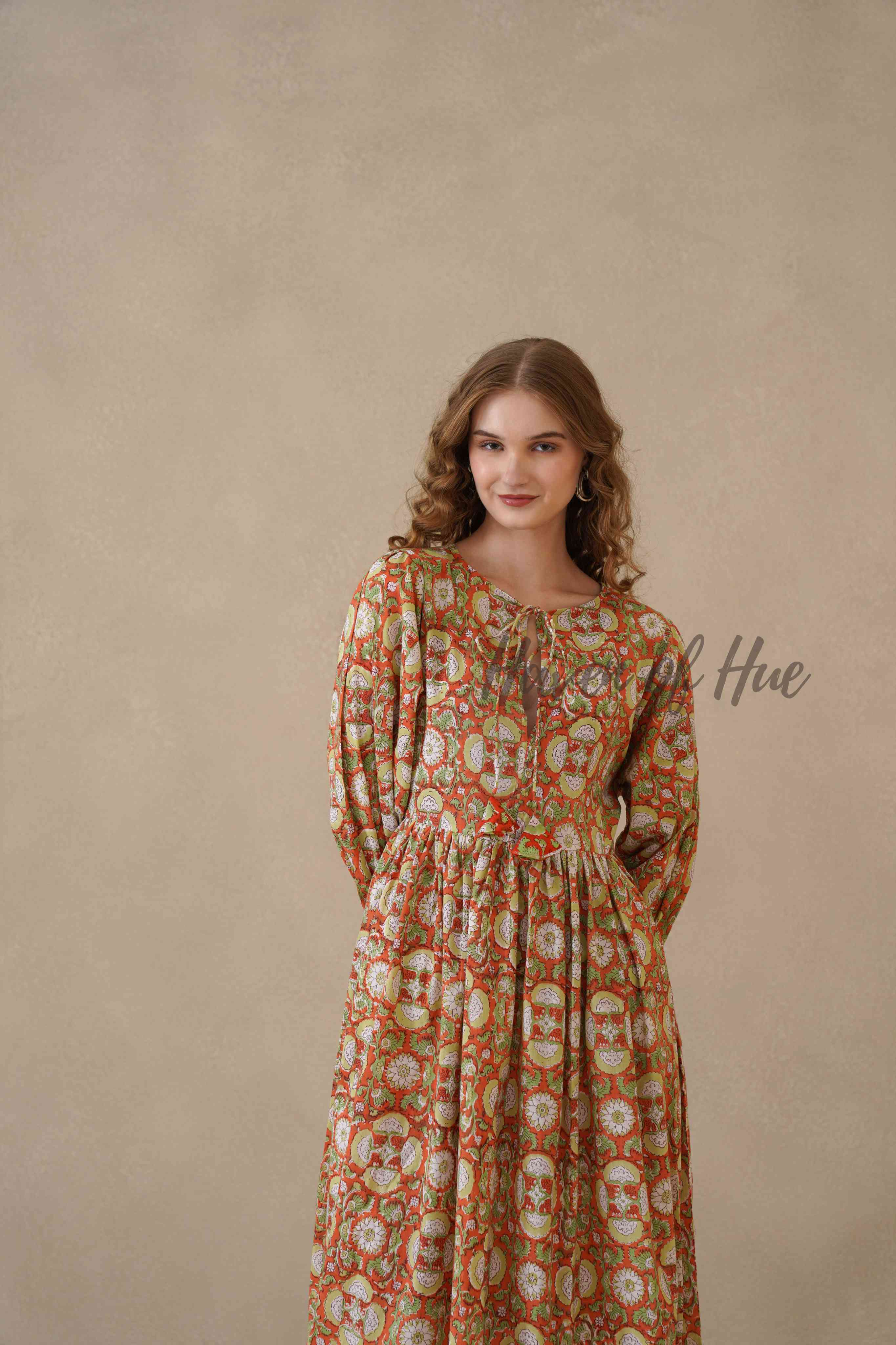 Orange Full Sleeve Cotton Dress with Floral Print