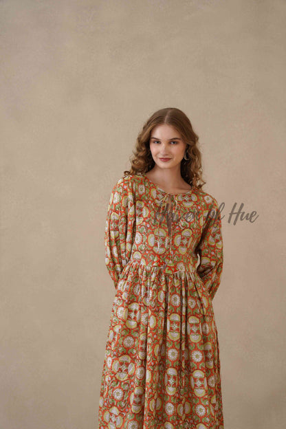 Orange Full Sleeve Cotton Dress with Floral Print