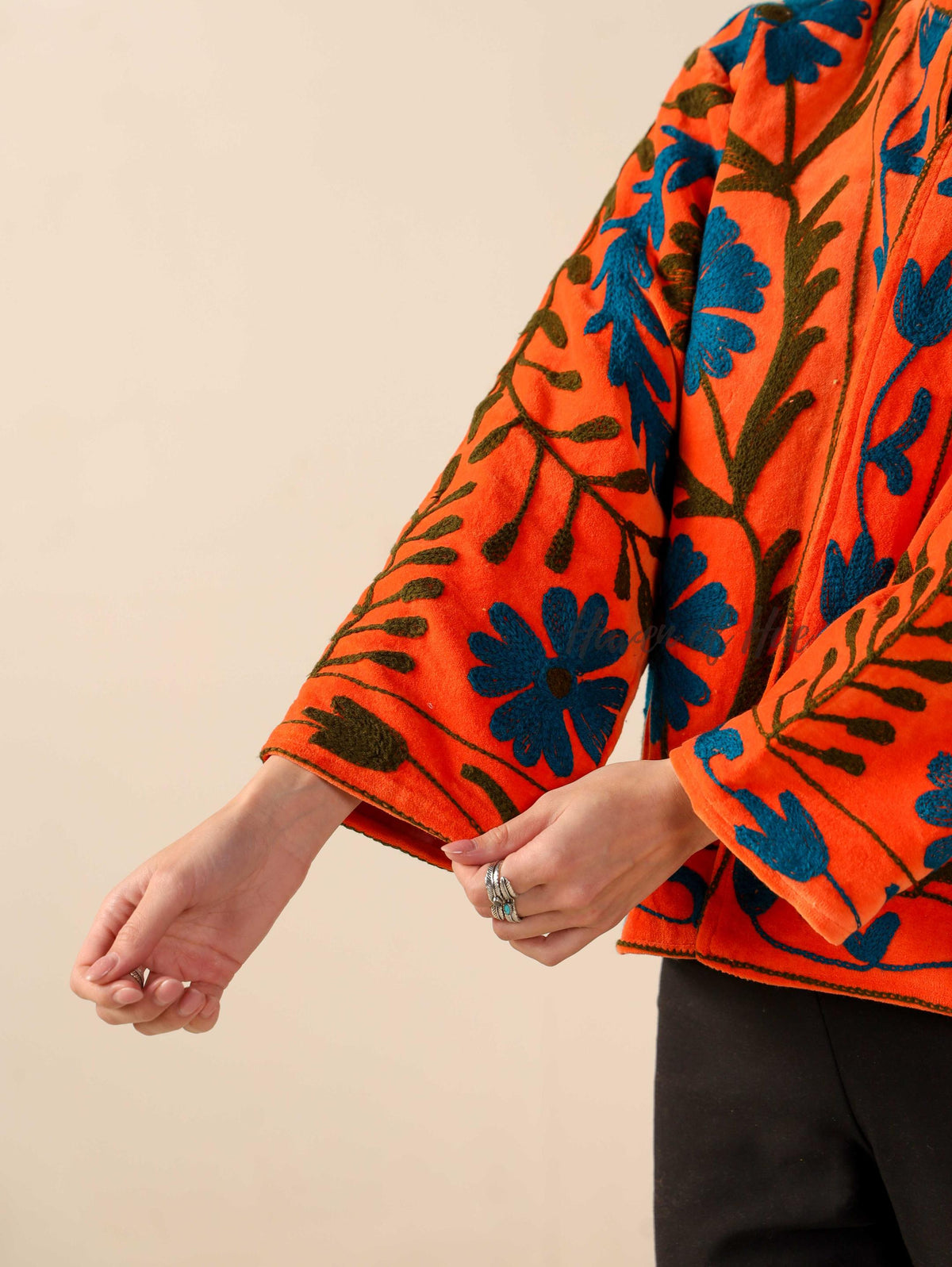 Women's Orange Suzani Velvet Jacket Teal Blue Floral Embroidered Boho Coat