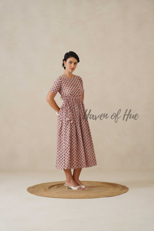 Berry Pink Floral Cotton Midi Dress - Boho Short Sleeve Summer Dress