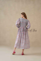 Pink Floral Cotton Midi Dress with Long Sleeves