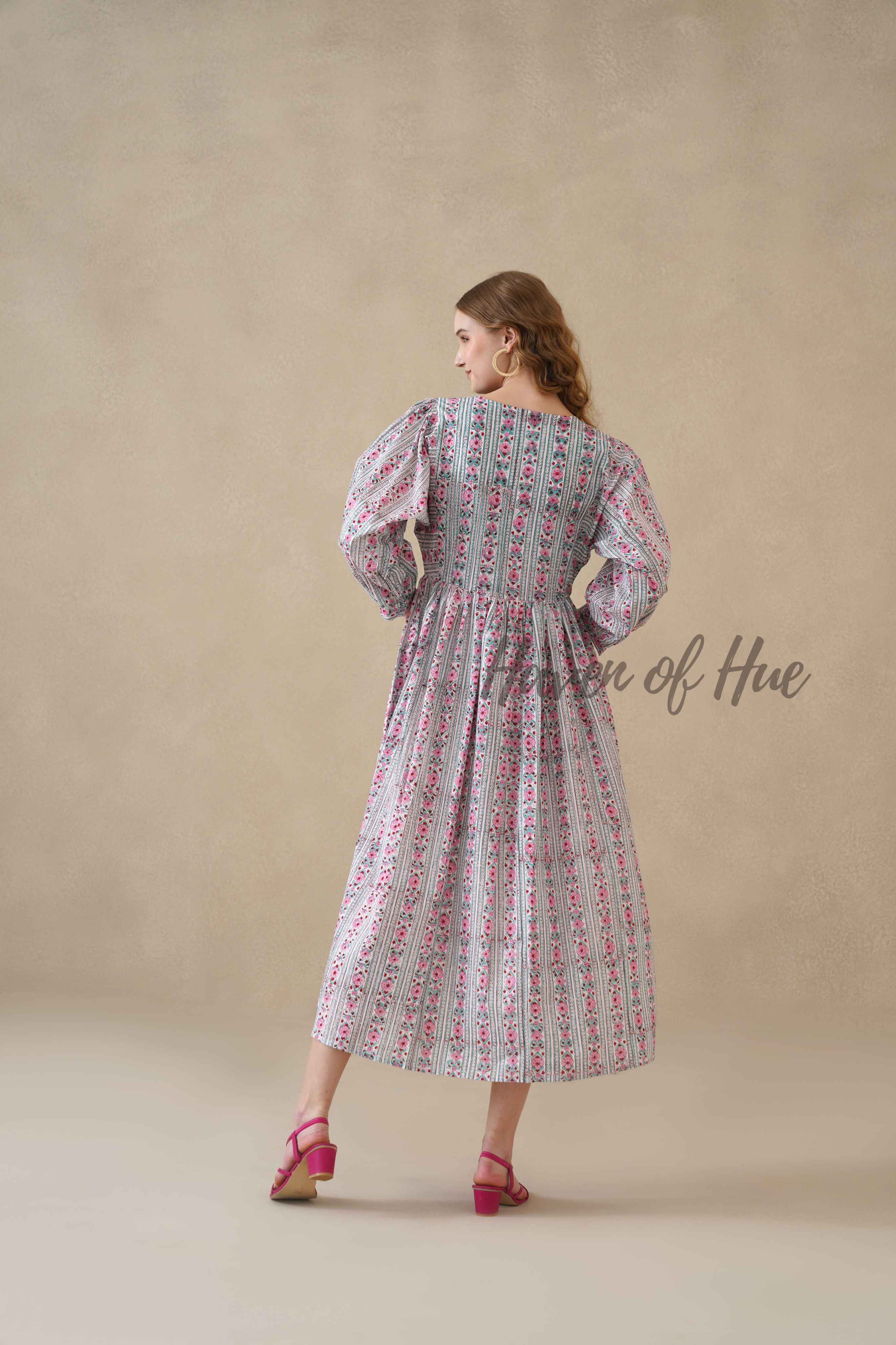 Pink Floral Cotton Midi Dress with Long Sleeves