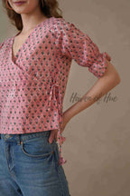 Women’s Pastel Pink Floral Cotton Wrap Blouse | Hand Block Printed Tie-Waist Top