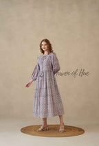 Purple Full Sleeve Cotton Dress with Scallop Print