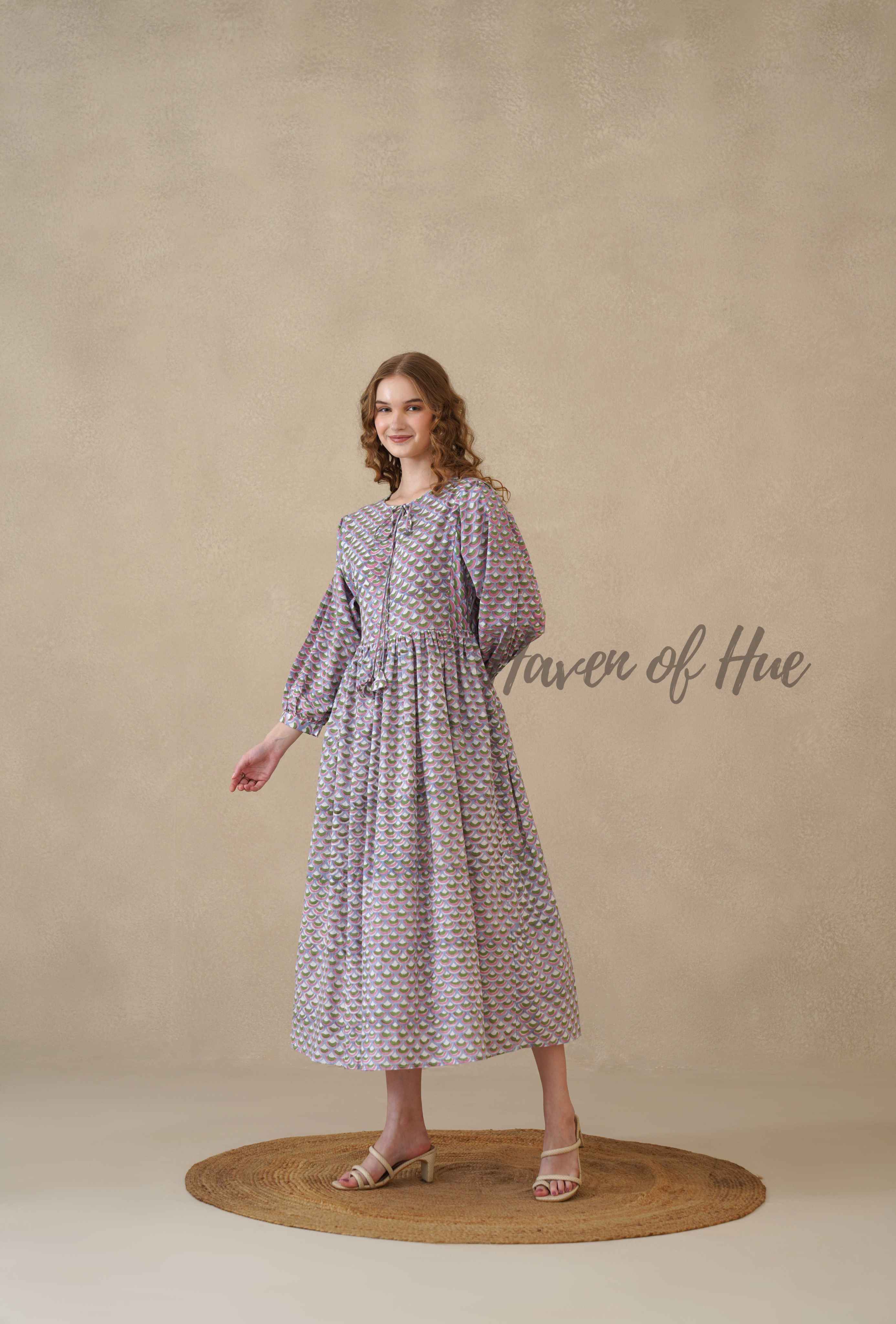 Purple Full Sleeve Cotton Dress with Scallop Print