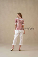 Women’s Red Floral Hand Block Printed Cotton Top with Lace Collar