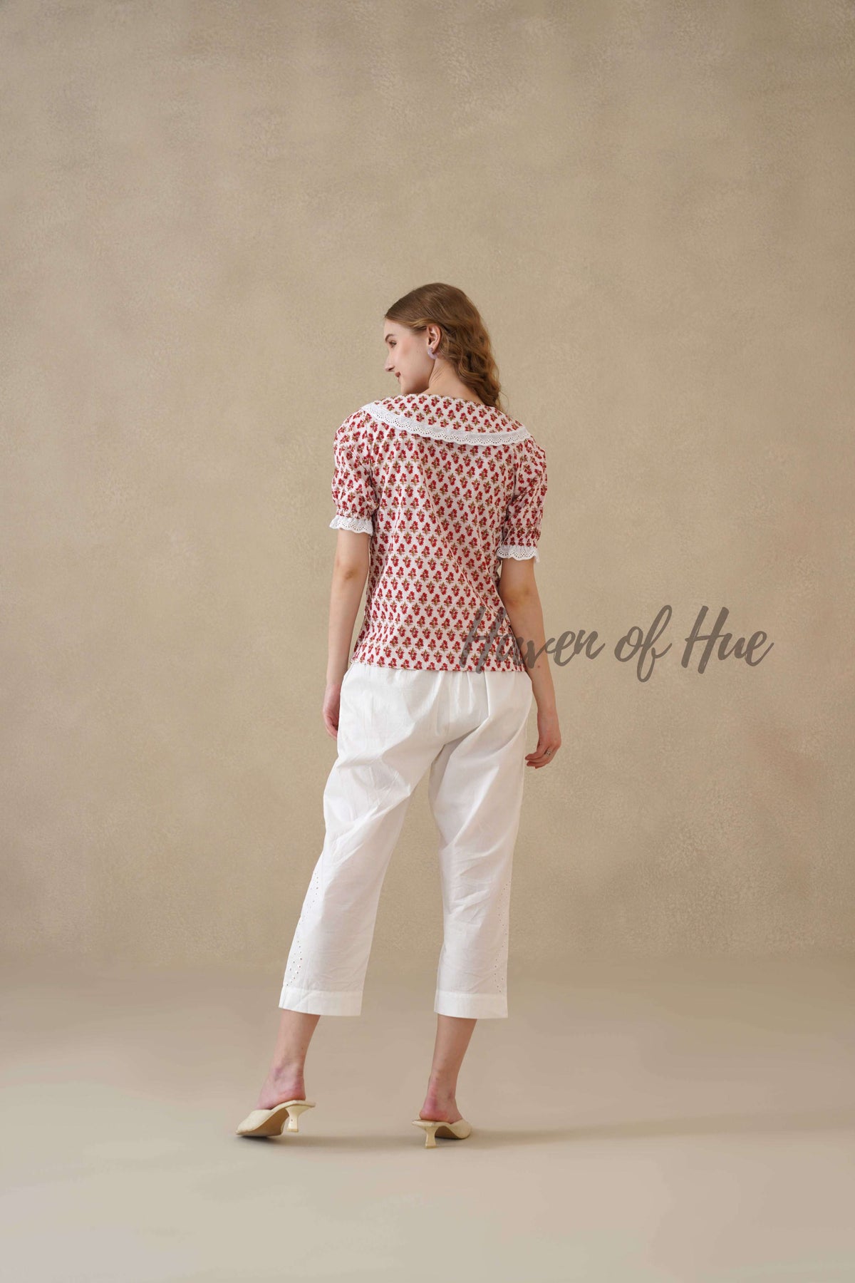 Women’s Red Floral Hand Block Printed Cotton Top with Lace Collar
