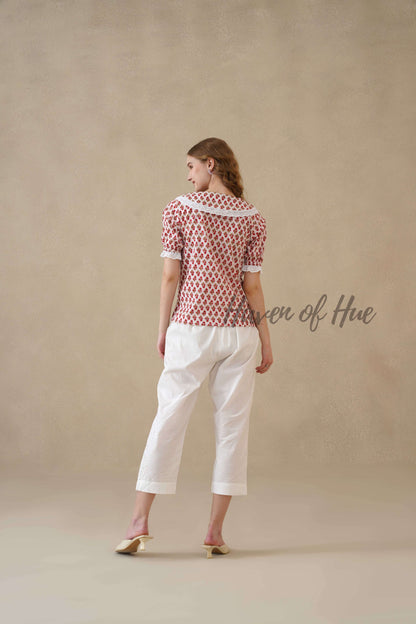 Women’s Red Floral Hand Block Printed Cotton Top with Lace Collar