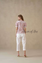 Women’s Red Floral Cotton Summer Top with Lace Peter Pan Collar