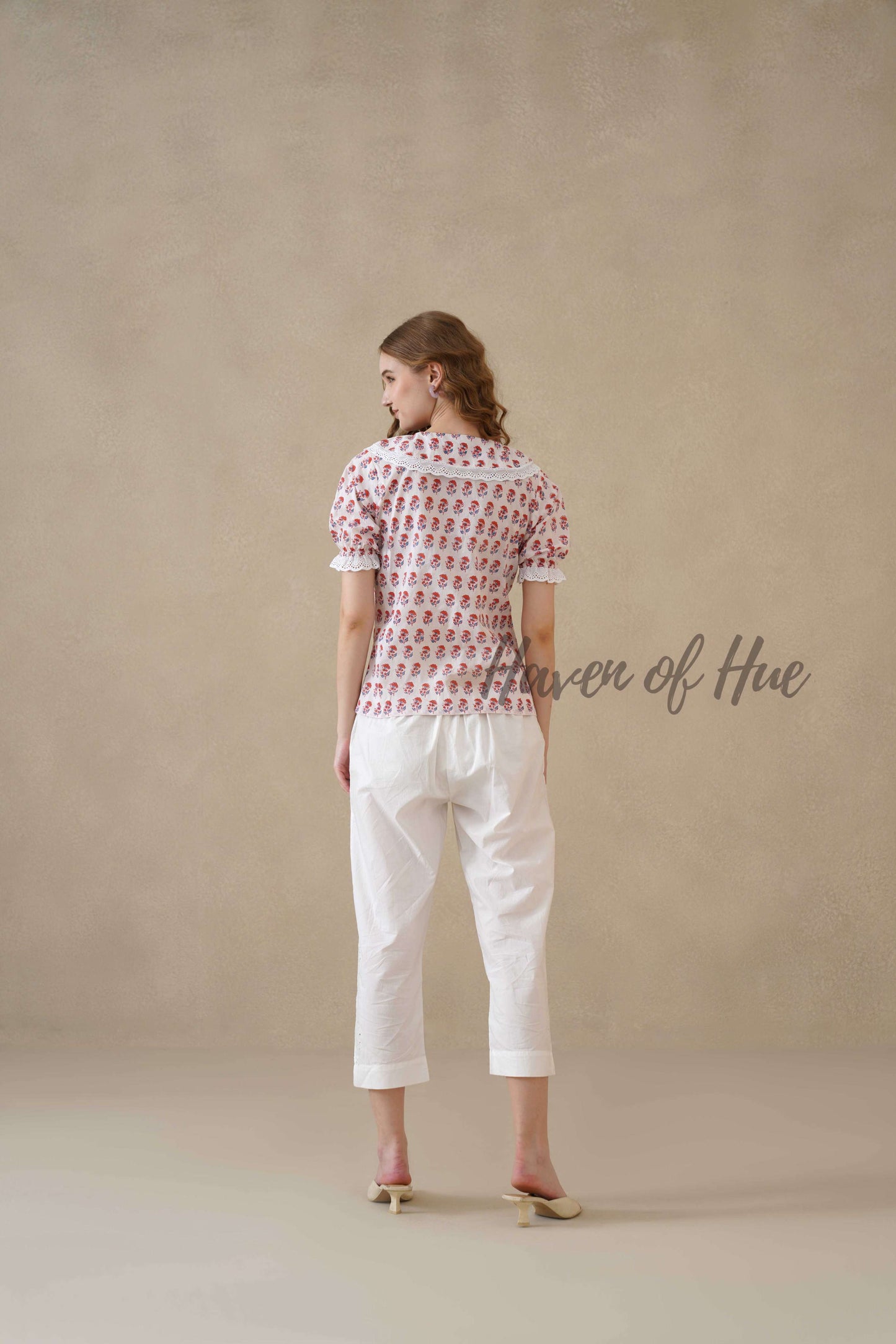 Women’s Red Floral Cotton Summer Top with Lace Peter Pan Collar