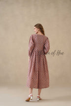 Red Floral Cotton Midi Dress with Long Sleeves