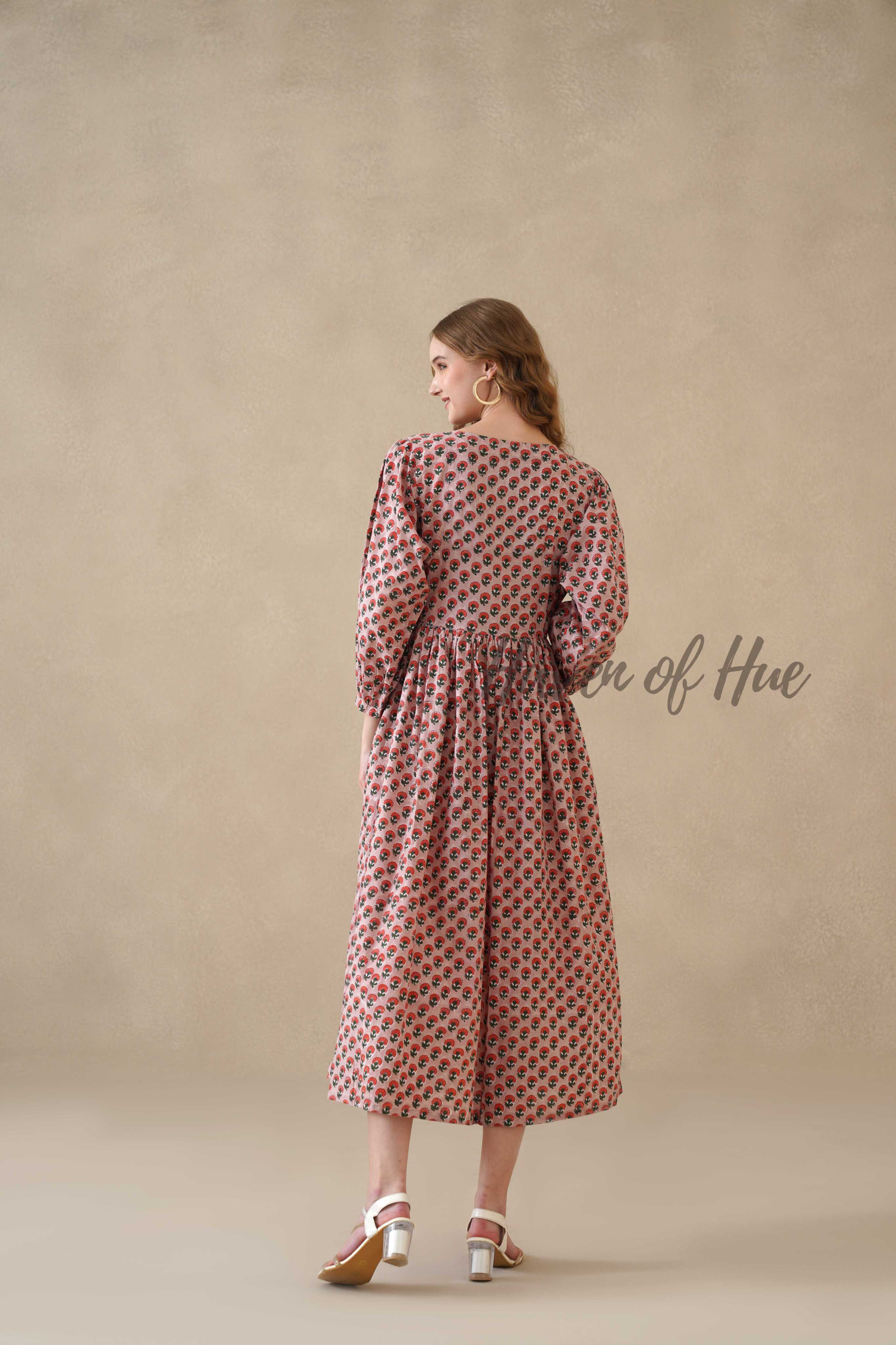 Red Floral Cotton Midi Dress with Long Sleeves