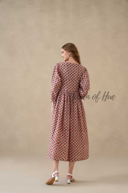Red Floral Cotton Midi Dress with Long Sleeves