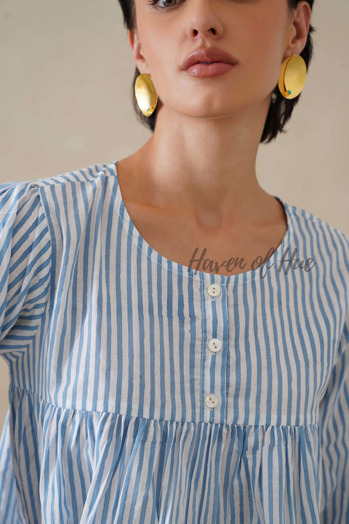 Women Cotton Tunic Top | Hand Block Print Striped Blue Top - 100% Breathable Cotton Summer Tunic