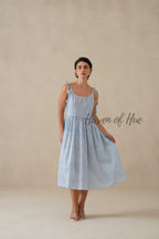 Cotton Midi Dress Summer Striped Tie-Strap A-Line Casual Sun Dress - Light Blue & White