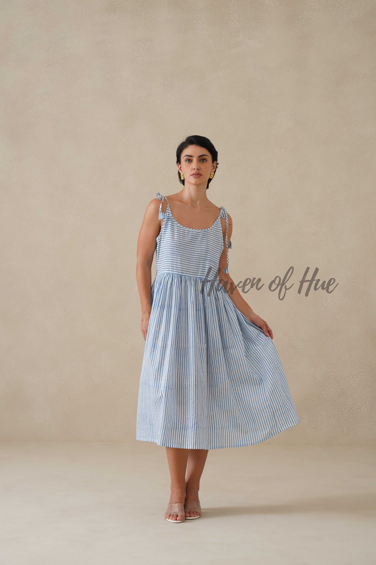 Cotton Midi Dress Summer Striped Tie-Strap A-Line Casual Sun Dress - Light Blue & White