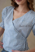 Women’s Blue and White Striped Cotton Wrap Top with Puff Sleeves