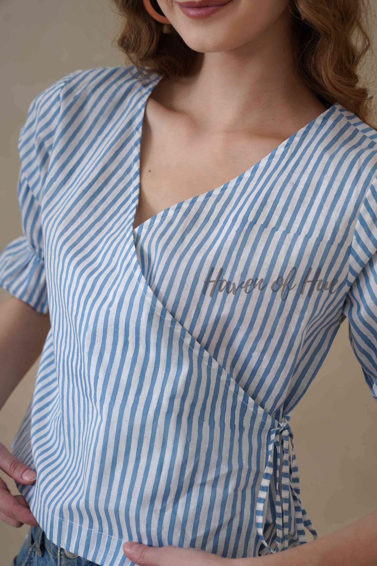 Women’s Blue and White Striped Cotton Wrap Top with Puff Sleeves