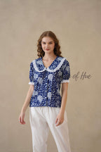 Women's Blue Floral Cotton Summer Top with Elegant Lace Collar