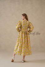 Yellow Cotton Tiered Dress Boho Floral Midi Style